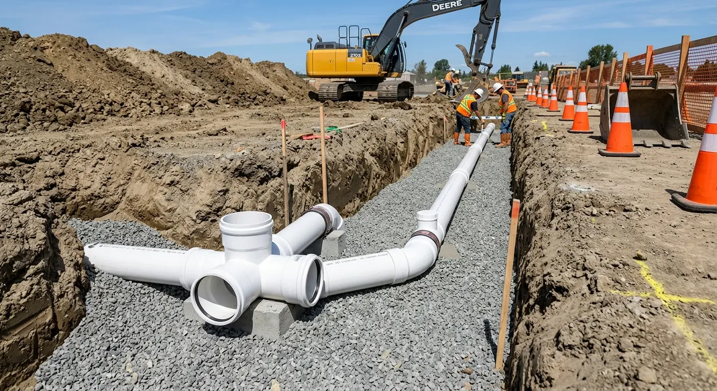New PVC sewer pipe installation in open trench for Commercial Drain Cleaning in Hartland